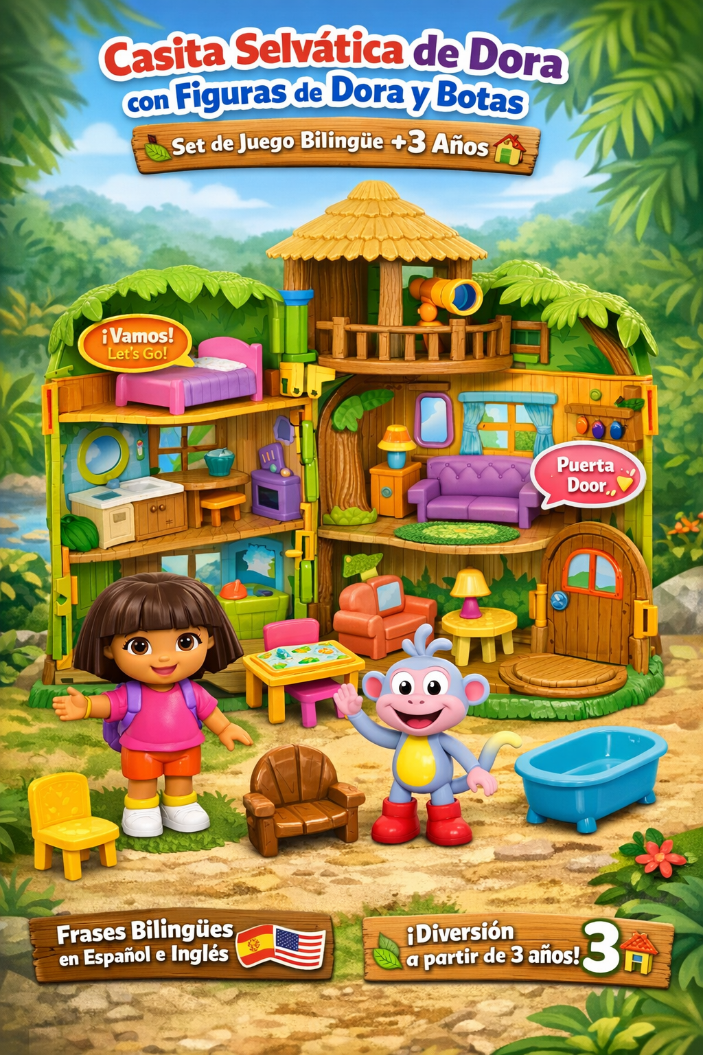 Casita Selvática de Dora con Figuras de Dora y Botas – Set de Juego Bilingüe +3 Años