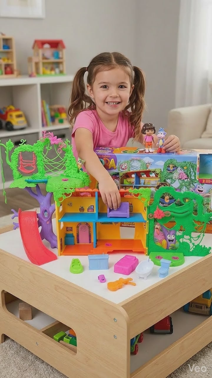 Casita Selvática de Dora con Figuras de Dora y Botas – Set de Juego Bilingüe +3 Años